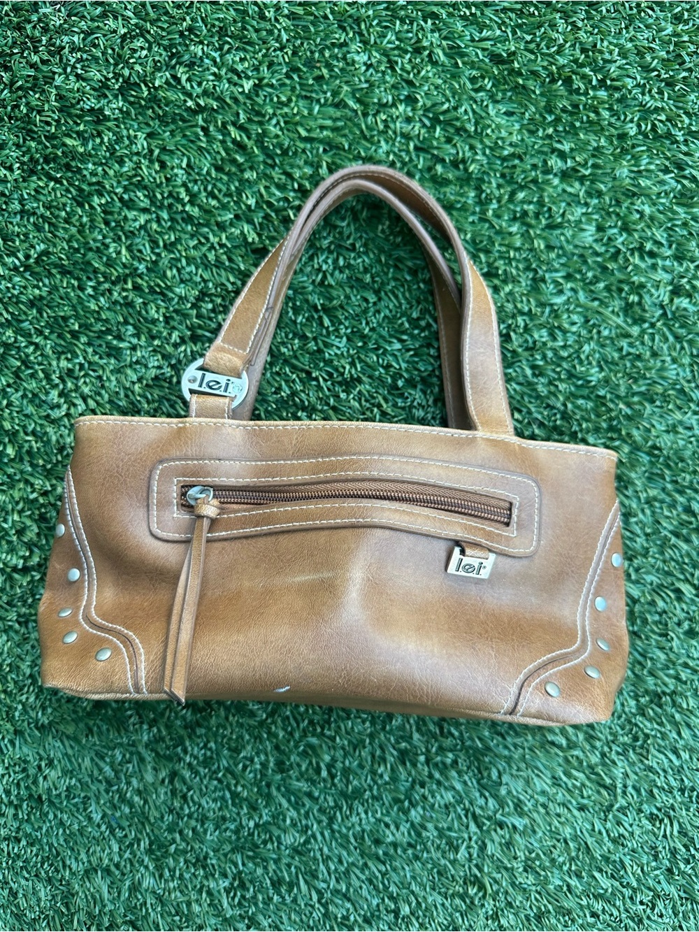 lei Brown Leather Shoulder Bag with Front Zip Wallet Pocket